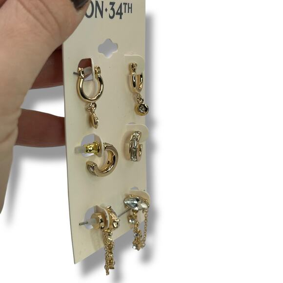 NEW On 34th Gold Earring Set Trio Pave Mini Hoop Dangle Chain Small StackNWT - Picture 4 of 7